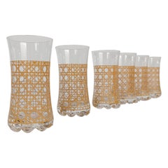 Set of Six Long Drink Glasses Decorated with Rattan Cane Webbing Decal
