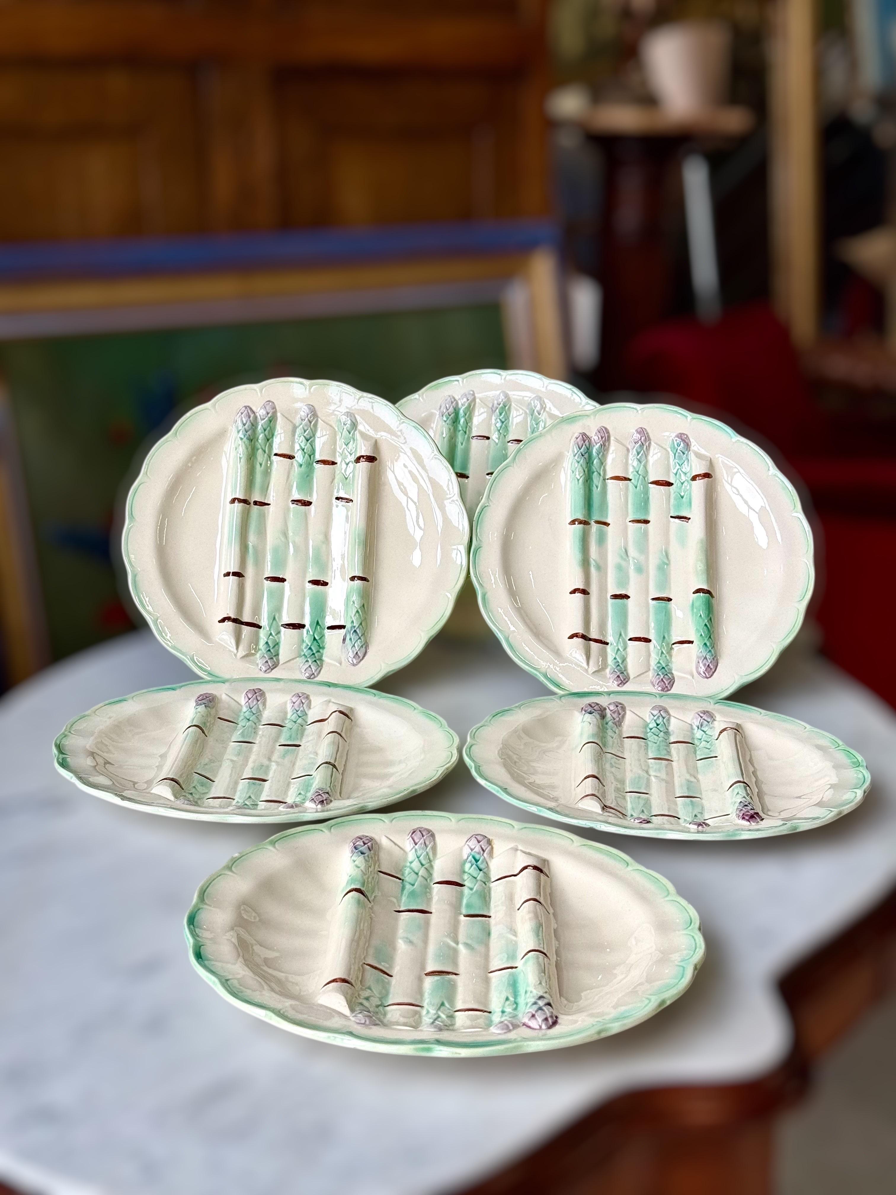 Sechser-Set Longchamp Terre de Fer Majolika-Spargelteller im Angebot 3