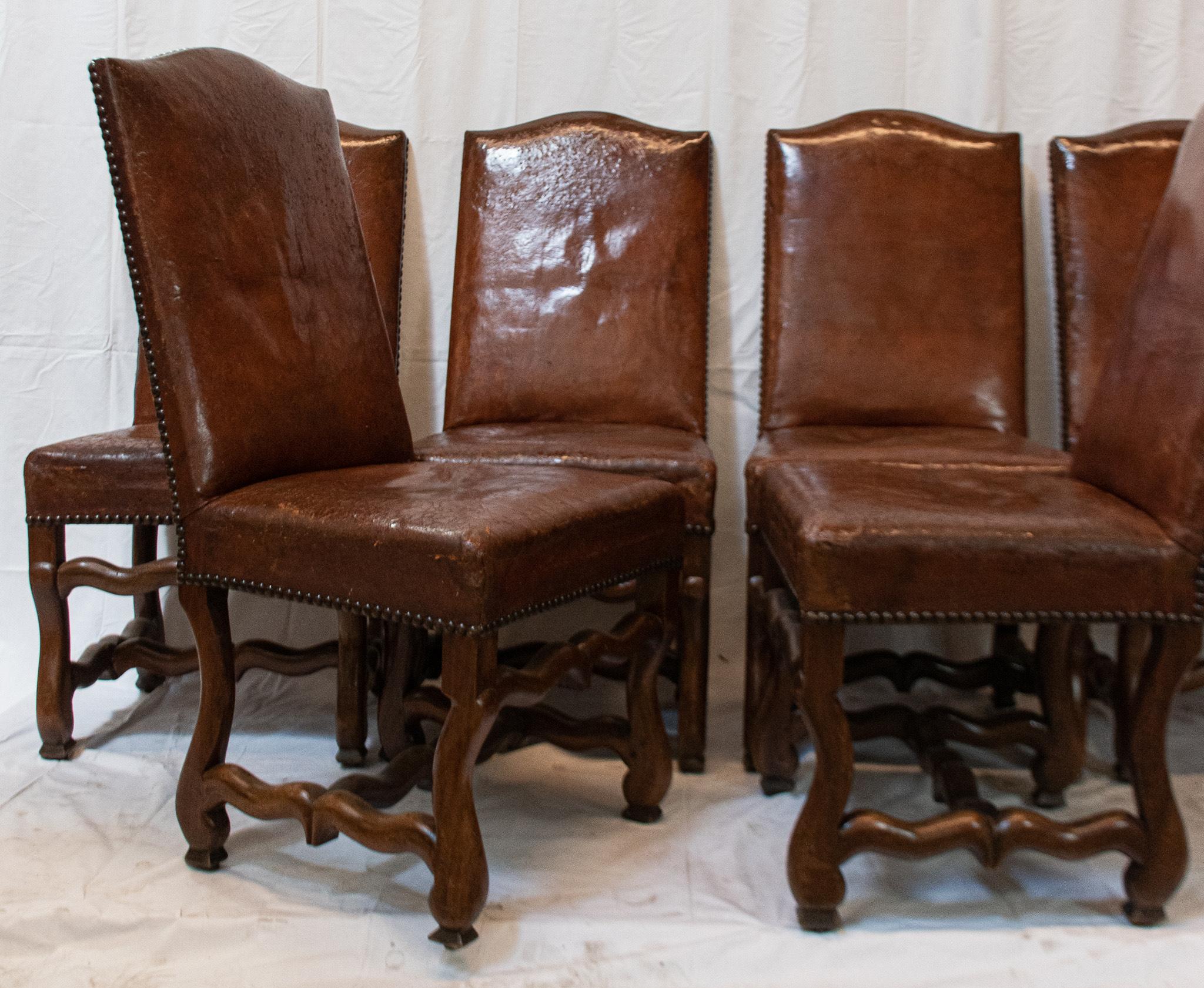 Set of Six Louis XIII Dining Chairs in Walnut with Original Leather For Sale 9