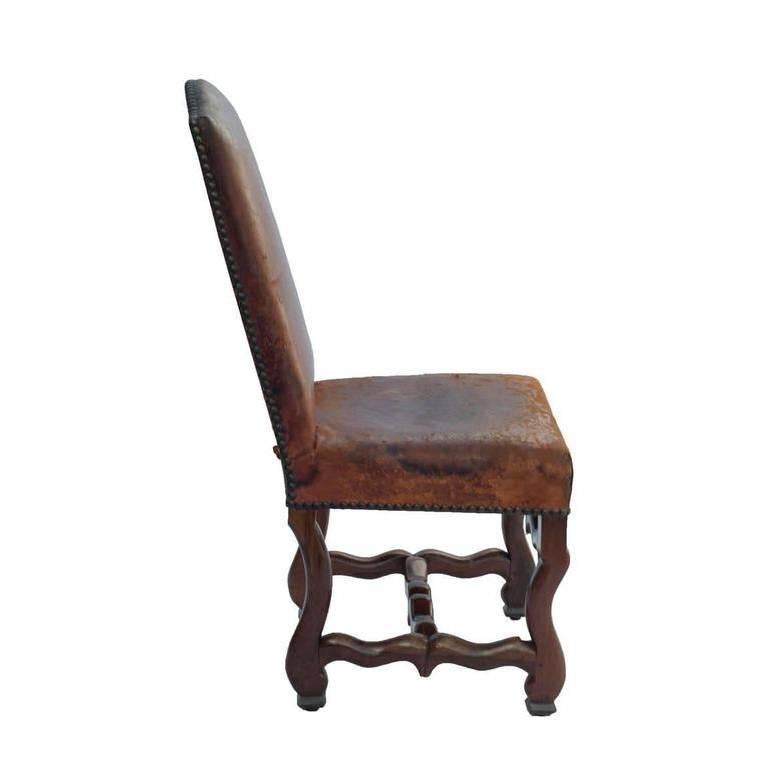 French Set of Six Louis XIII Dining Chairs in Walnut with Original Leather For Sale