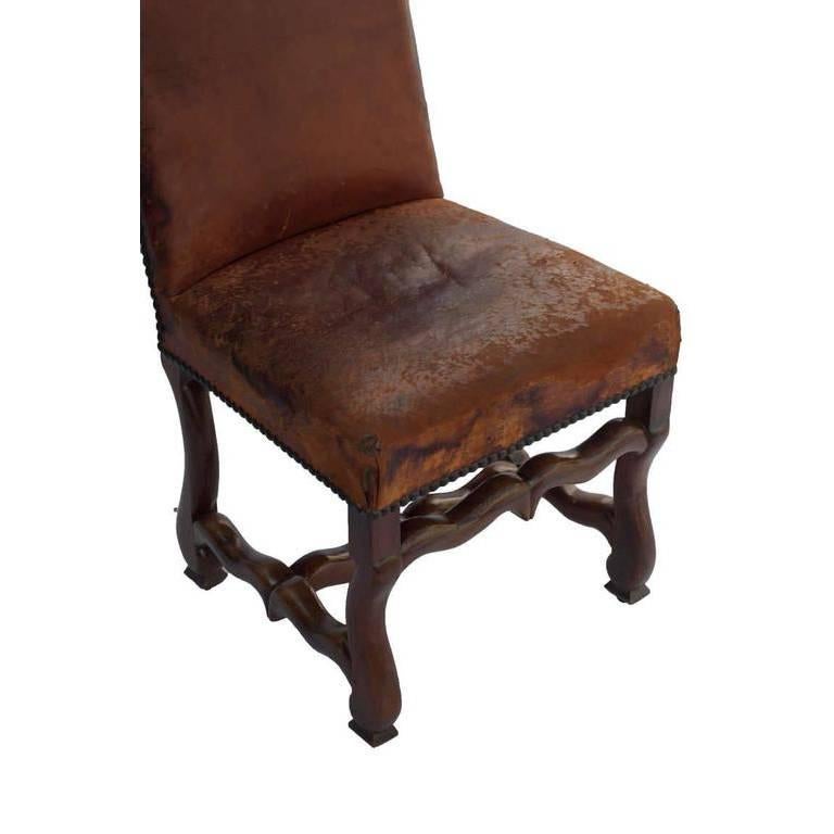 Set of Six Louis XIII Dining Chairs in Walnut with Original Leather In Good Condition For Sale In Washington, DC