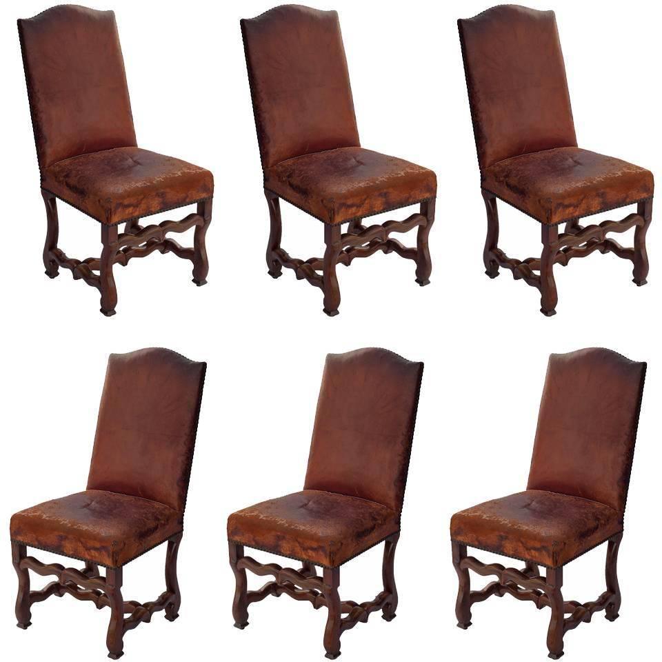 Set of Six Louis XIII Dining Chairs in Walnut with Original Leather