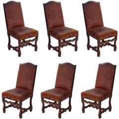 Antique Set of Six Louis XIII Dining Chairs in Walnut with Original Leather