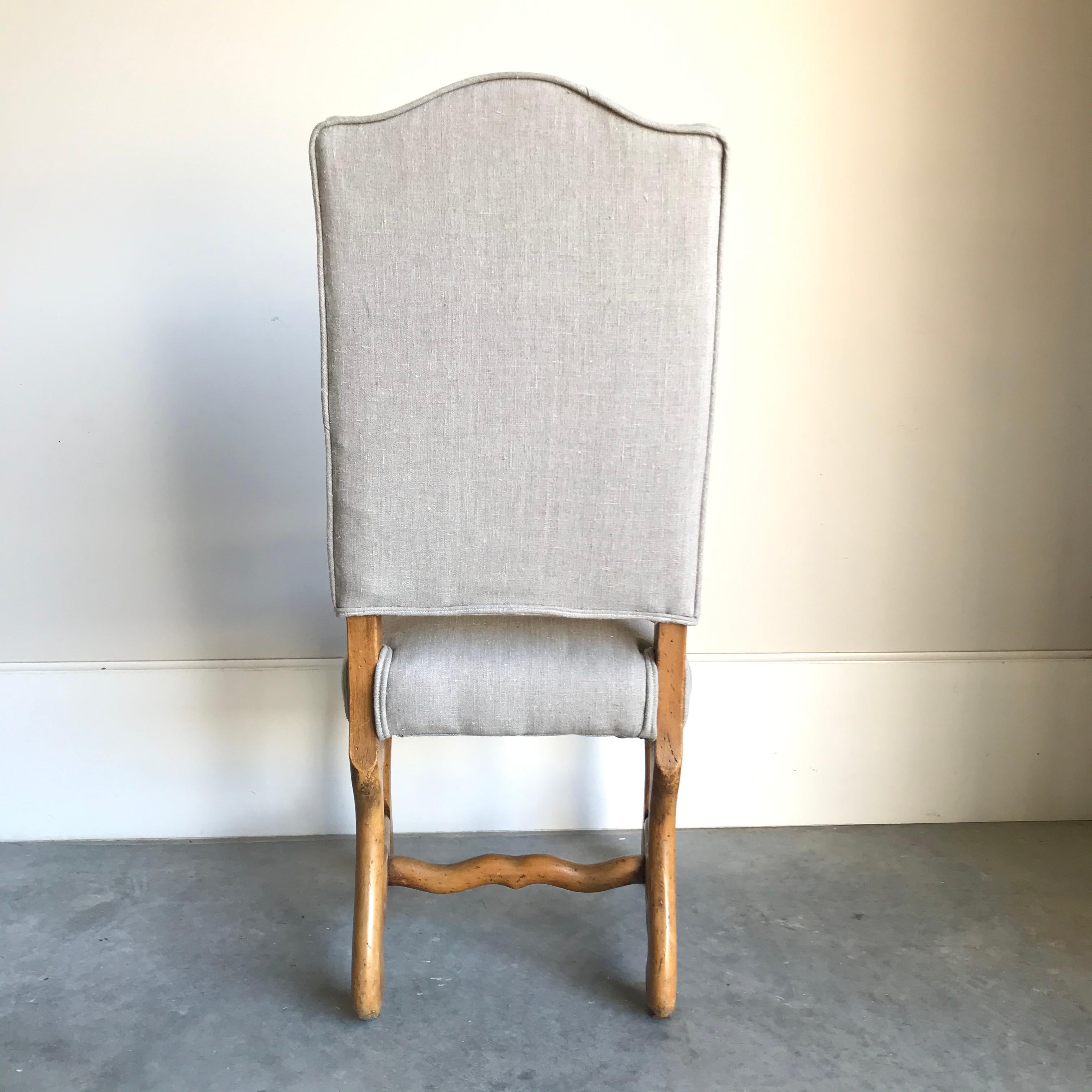 Handsome set of six Louis XIV style dining chairs having H-shaped walnut mutton bone stretchers (os de mouton) and newly upholstered in Belgian linen with high back.
#1786
Measures: H seat 19.5”.