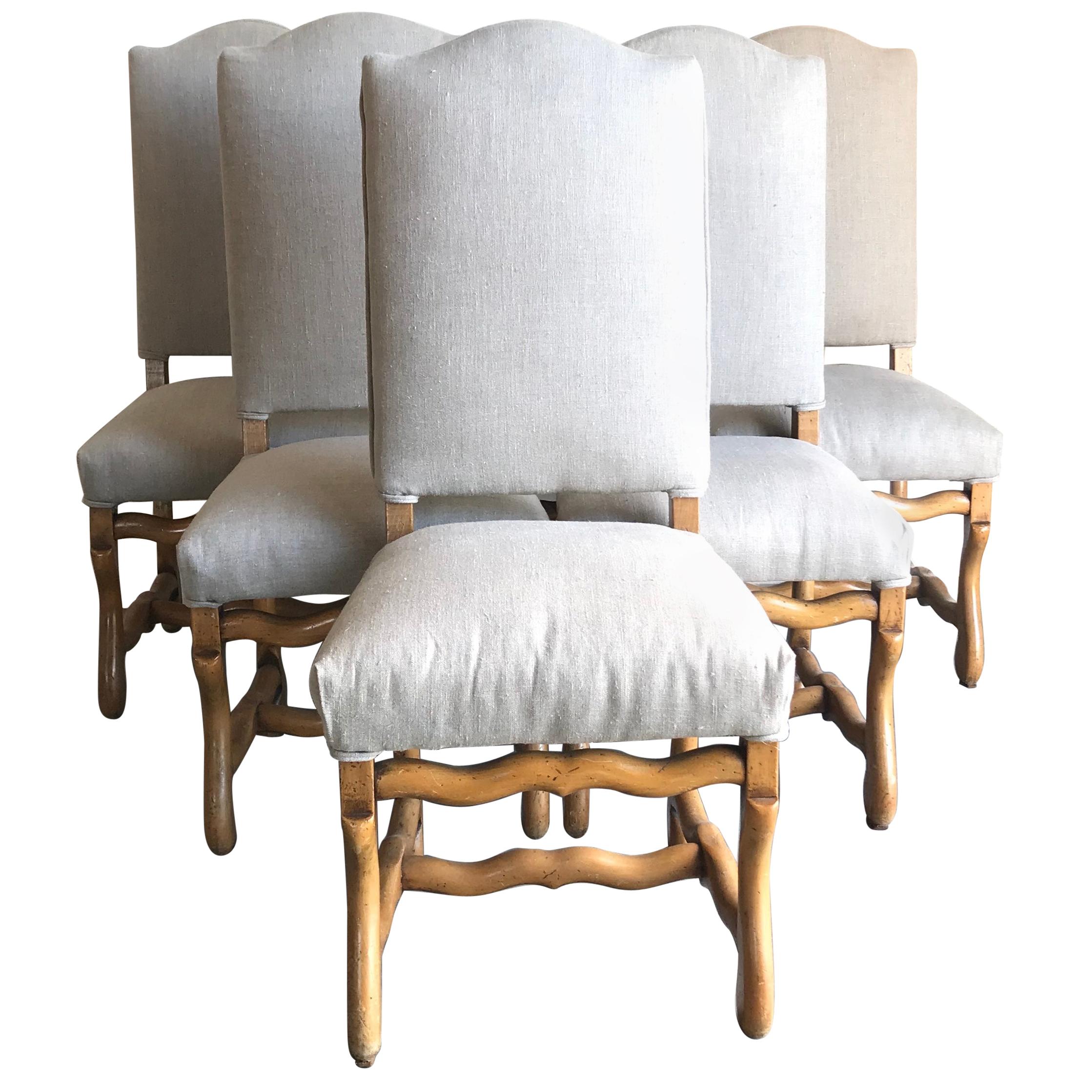 Set of Six Louis XIV Mutton Bone Stretcher Dining Chairs from France