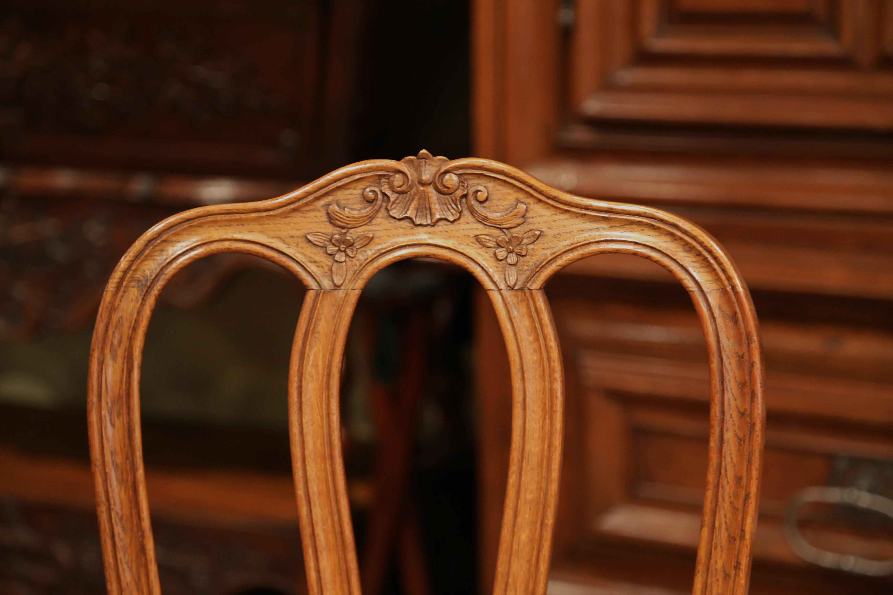Set of Six Louis XV French Carved Oak Ladder Back Chairs with Woven Rush Seat 5
