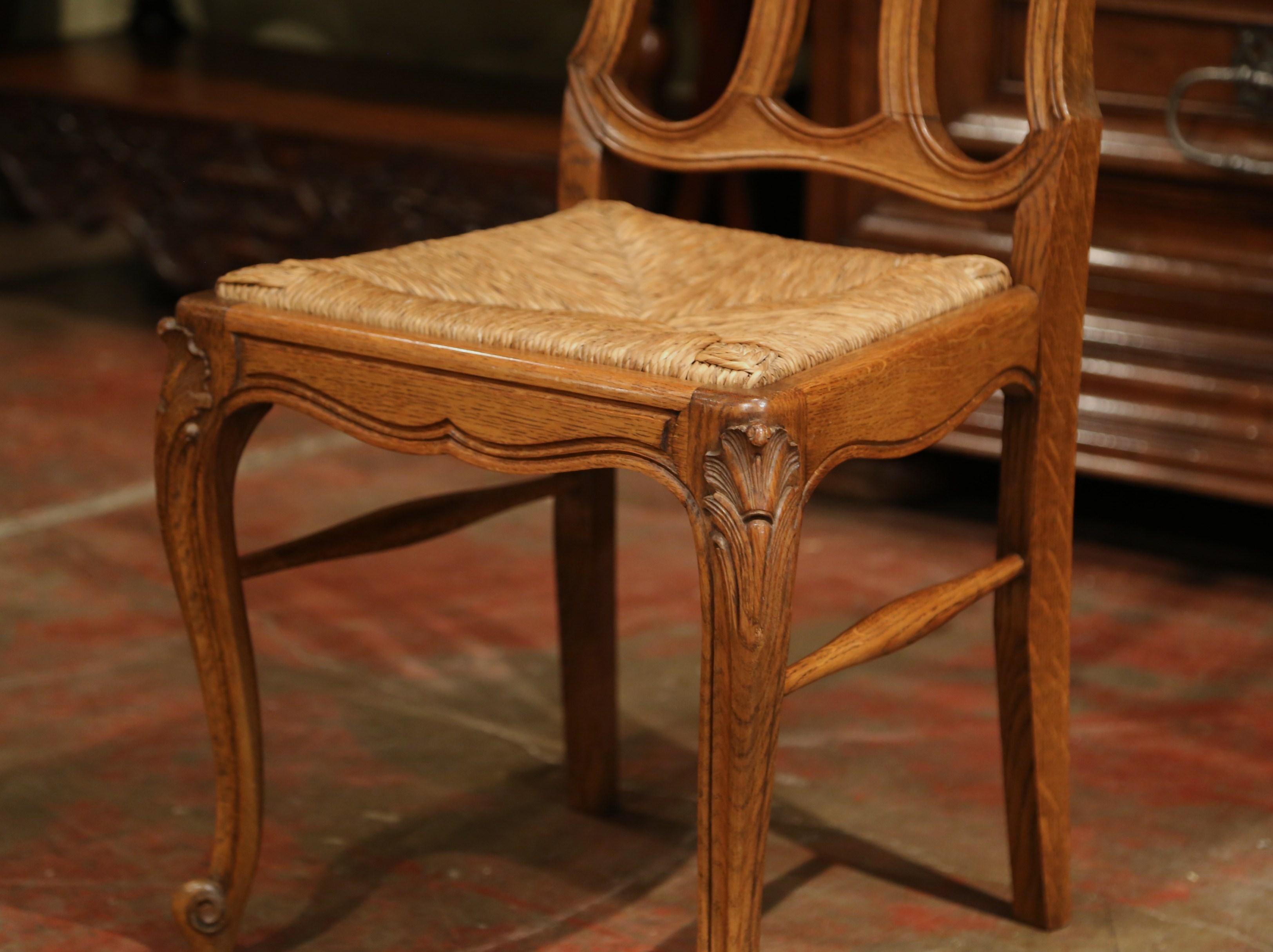 Hand-Carved Set of Six Louis XV French Carved Oak Ladder Back Chairs with Woven Rush Seat