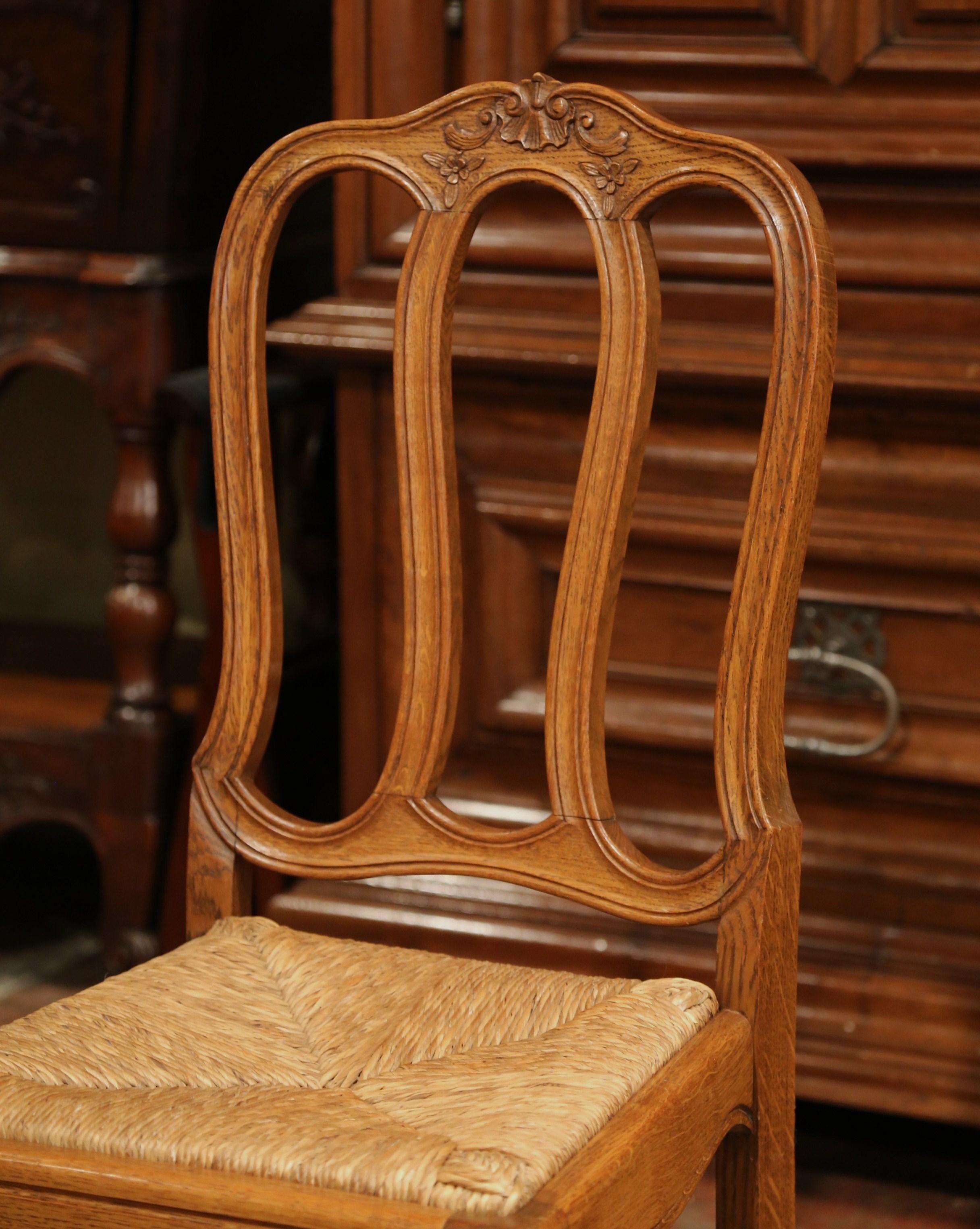 Set of Six Louis XV French Carved Oak Ladder Back Chairs with Woven Rush Seat In Excellent Condition In Dallas, TX