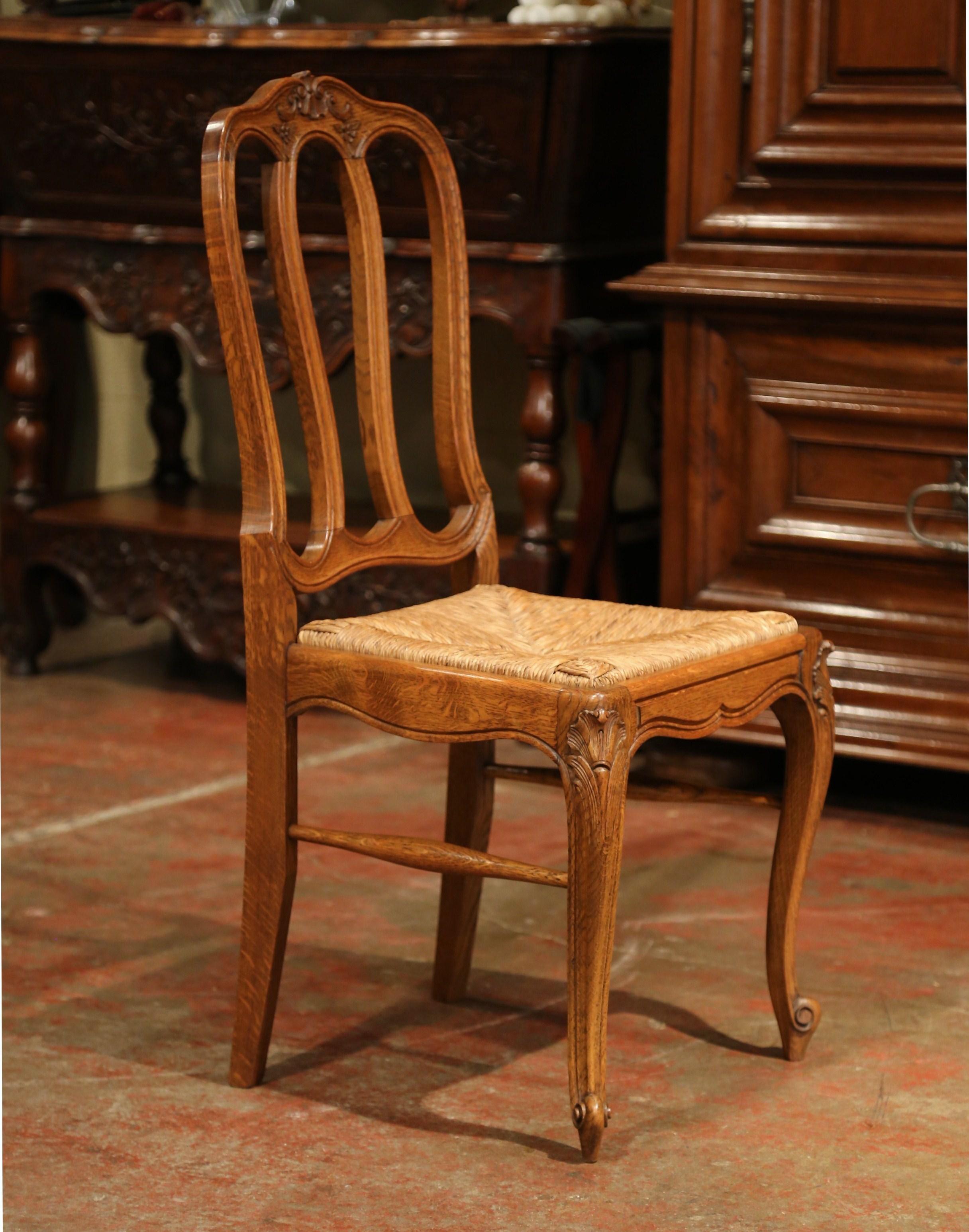 Late 20th Century Set of Six Louis XV French Carved Oak Ladder Back Chairs with Woven Rush Seat