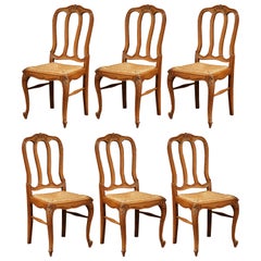Set of Six Louis XV French Carved Oak Ladder Back Chairs with Woven Rush Seat