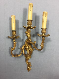 Set of Six Louis XV Style Sconces with Three Branches in Gilded Bronze