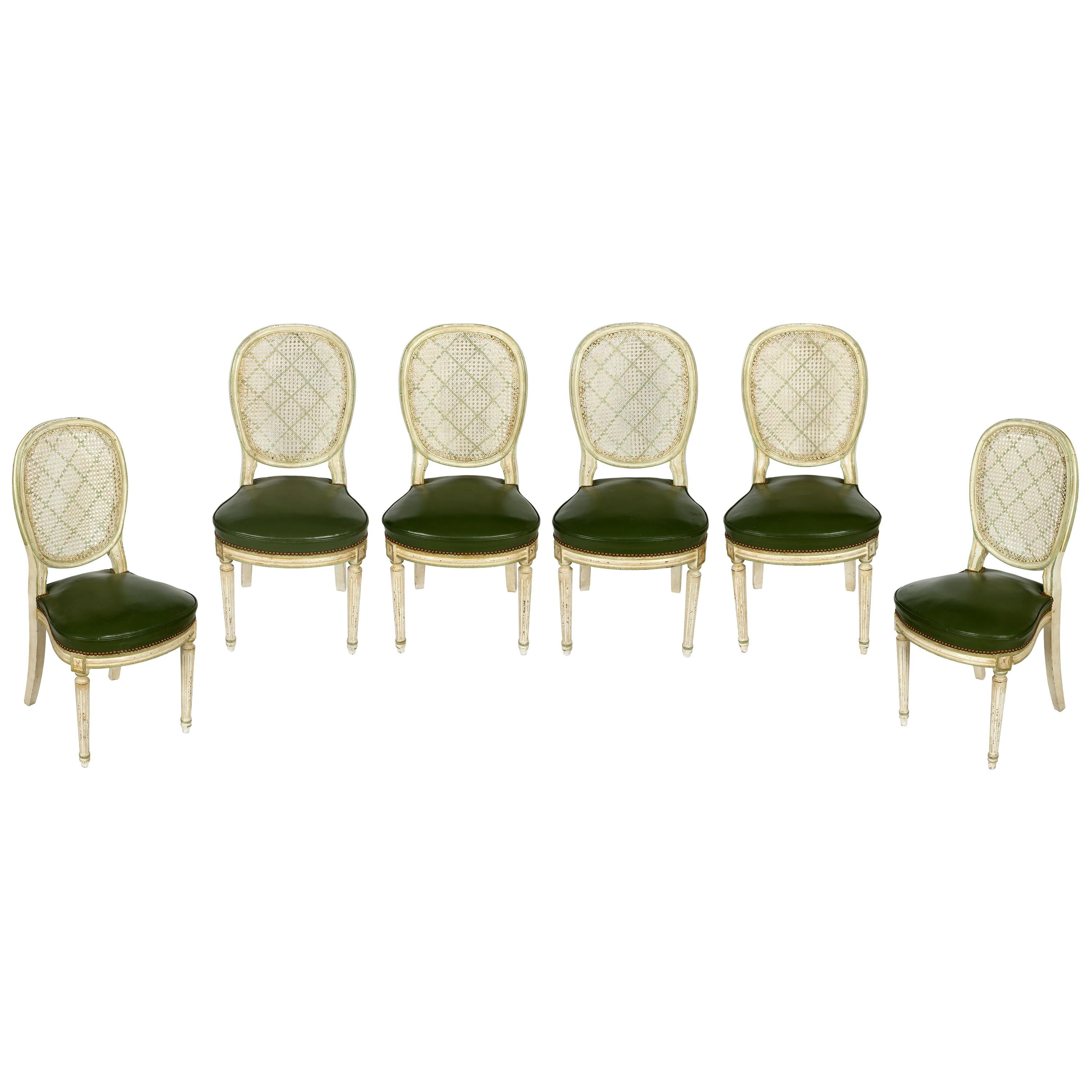 Set of Six Louis XVI Round Back Leather Seat Dining Chairs