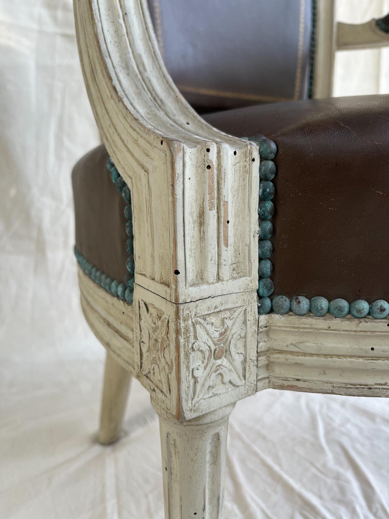19th Century Set of Six Louis XVI Style Fauteills, Upholstered in Brown Leather with Studs