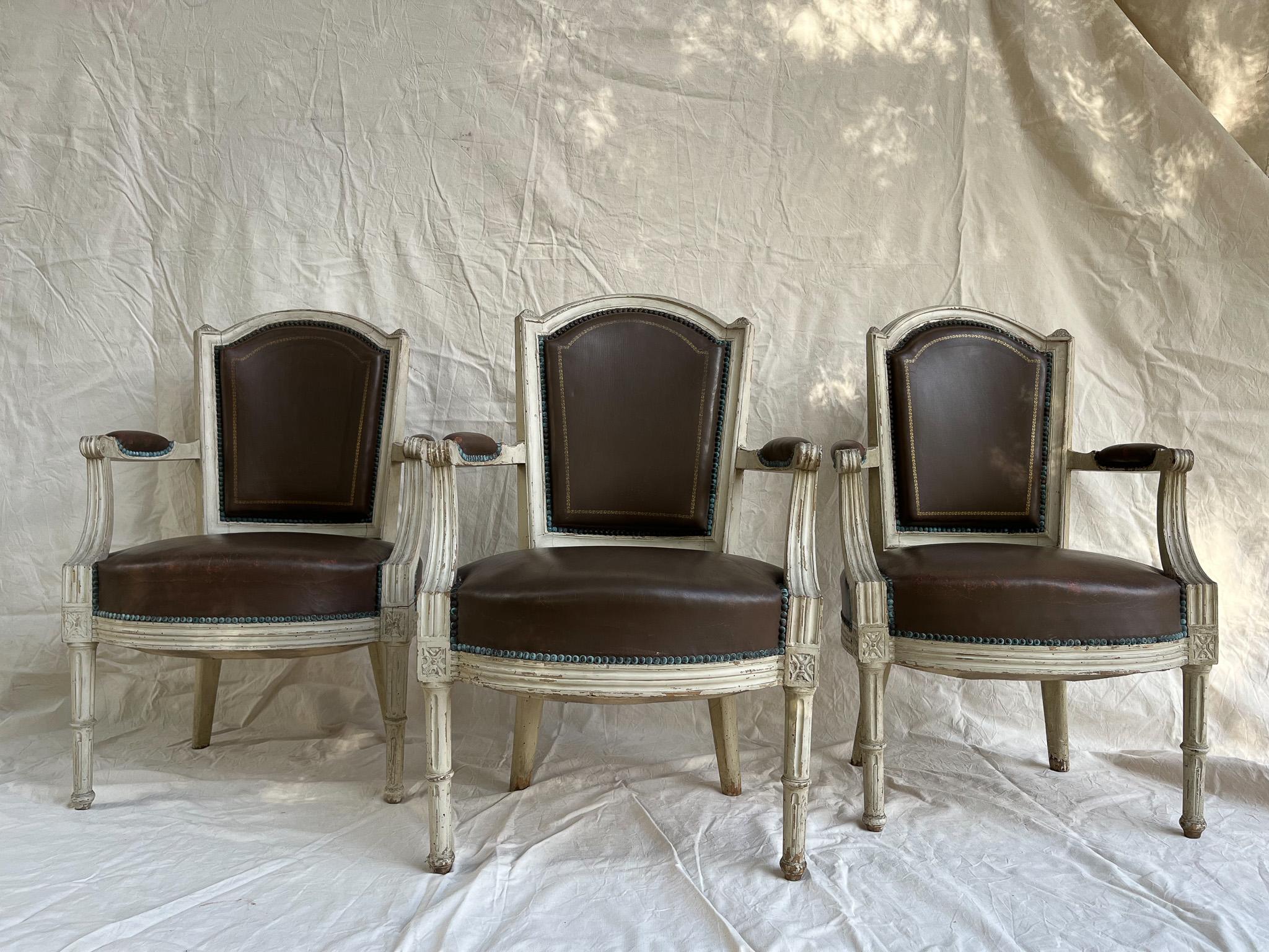 Set of Six Louis XVI Style Fauteills, Upholstered in Brown Leather with Studs 1