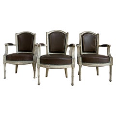 Set of Six Louis XVI Style Fauteills, Upholstered in Brown Leather with Studs