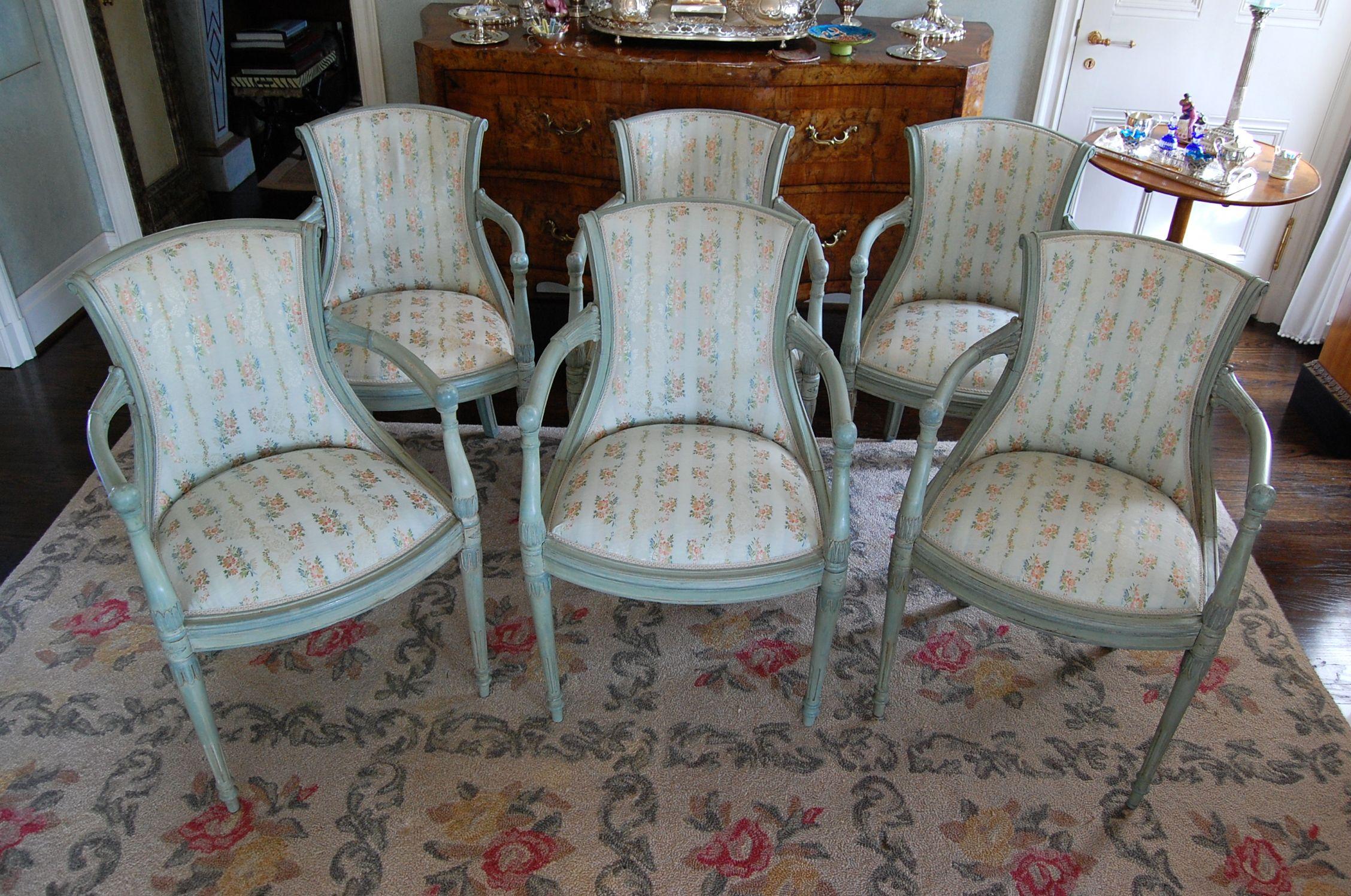 Set of six Louis XVI style dining room open armchairs in green paint and newer Brunschwig & Fils brocade fabric (#121260). Frames are tight and sit very comfortably.
