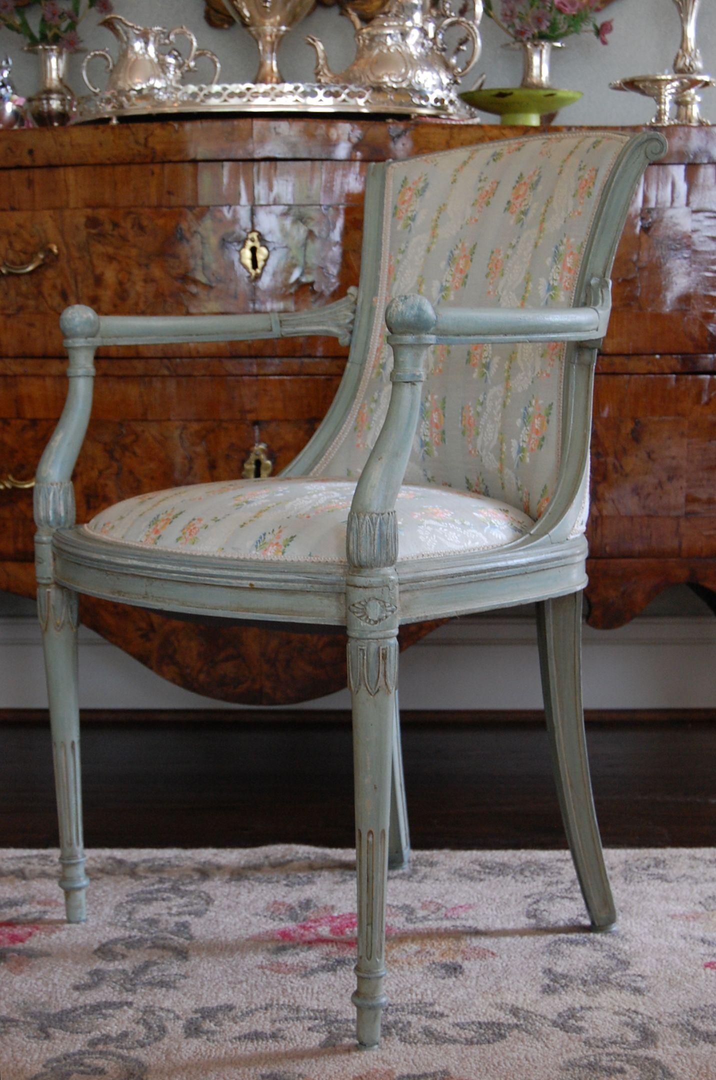 Wood Set of Six Louis XVI Style Fauteuils in Green Paint, 19th Century For Sale