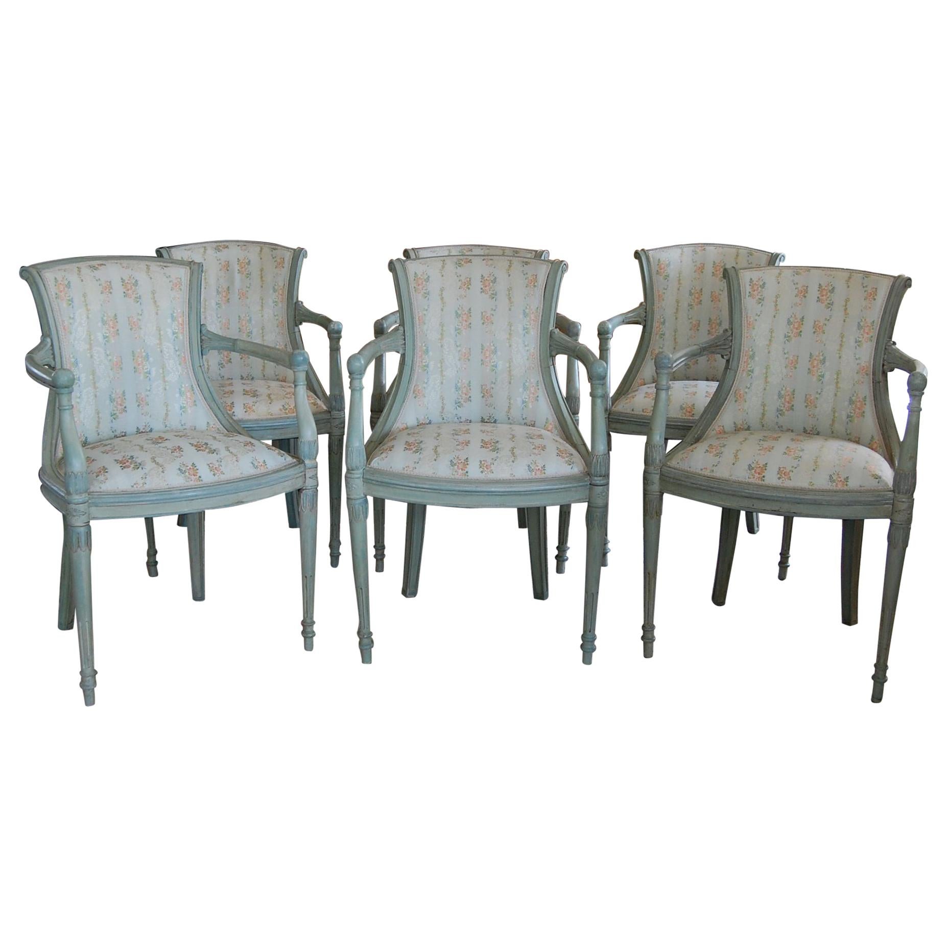 Set of Six Louis XVI Style Fauteuils in Green Paint, 19th Century For Sale