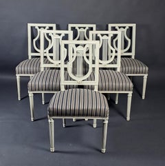 Set Of Six Louis XVI Style Lyre Chairs In Grey Lacquered Wood