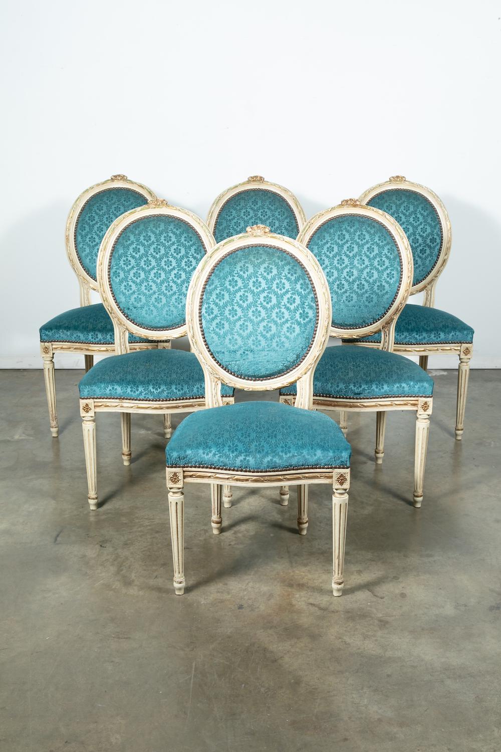 Set of Six Louis XVI Style Maison Jansen Parcel-Gilt and Painted Dining Chairs 8