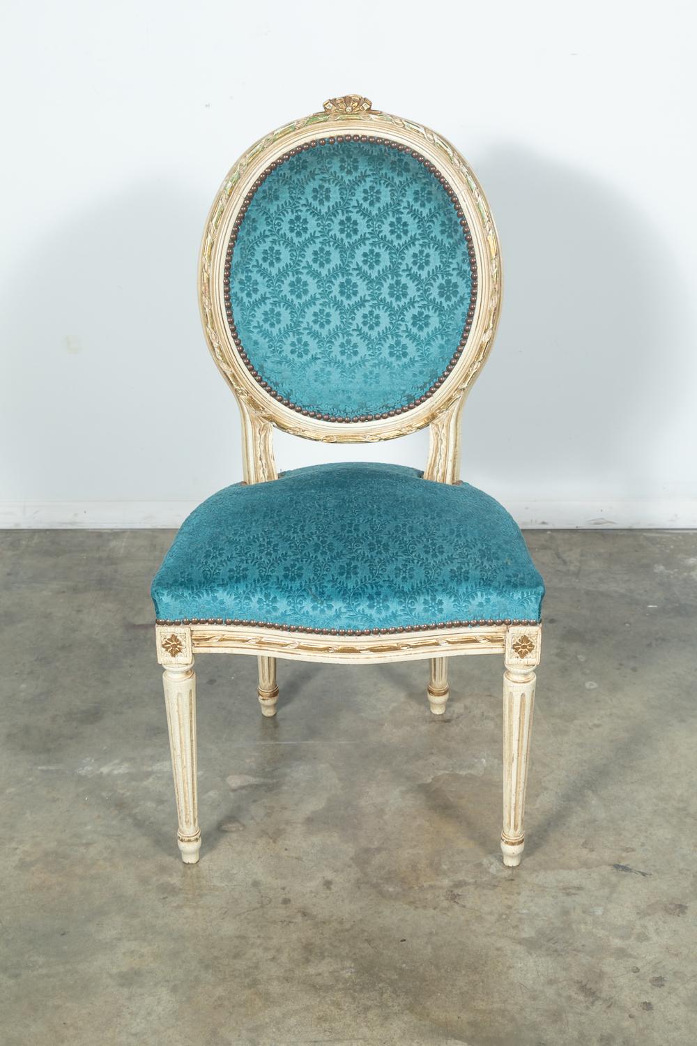 French Set of Six Louis XVI Style Maison Jansen Parcel-Gilt and Painted Dining Chairs
