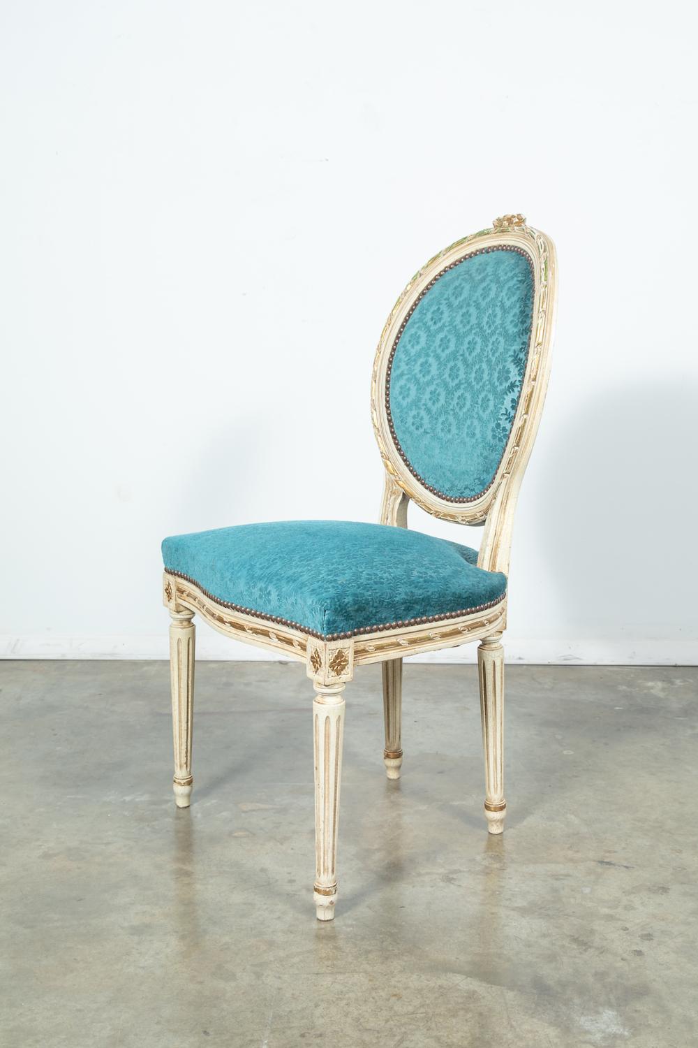 Mid-20th Century Set of Six Louis XVI Style Maison Jansen Parcel-Gilt and Painted Dining Chairs