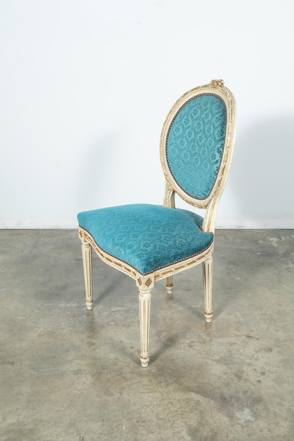 Set of Six Louis XVI Style Maison Jansen Parcel-Gilt and Painted Dining Chairs 1