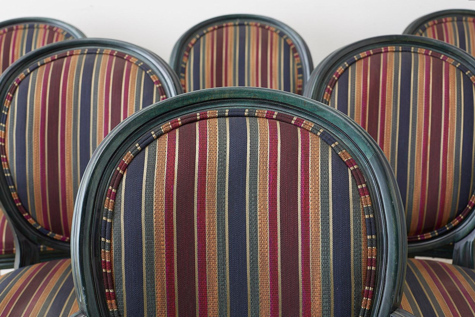 Fabric Set of Six Louis XVI Style Malachite Dining Armchairs