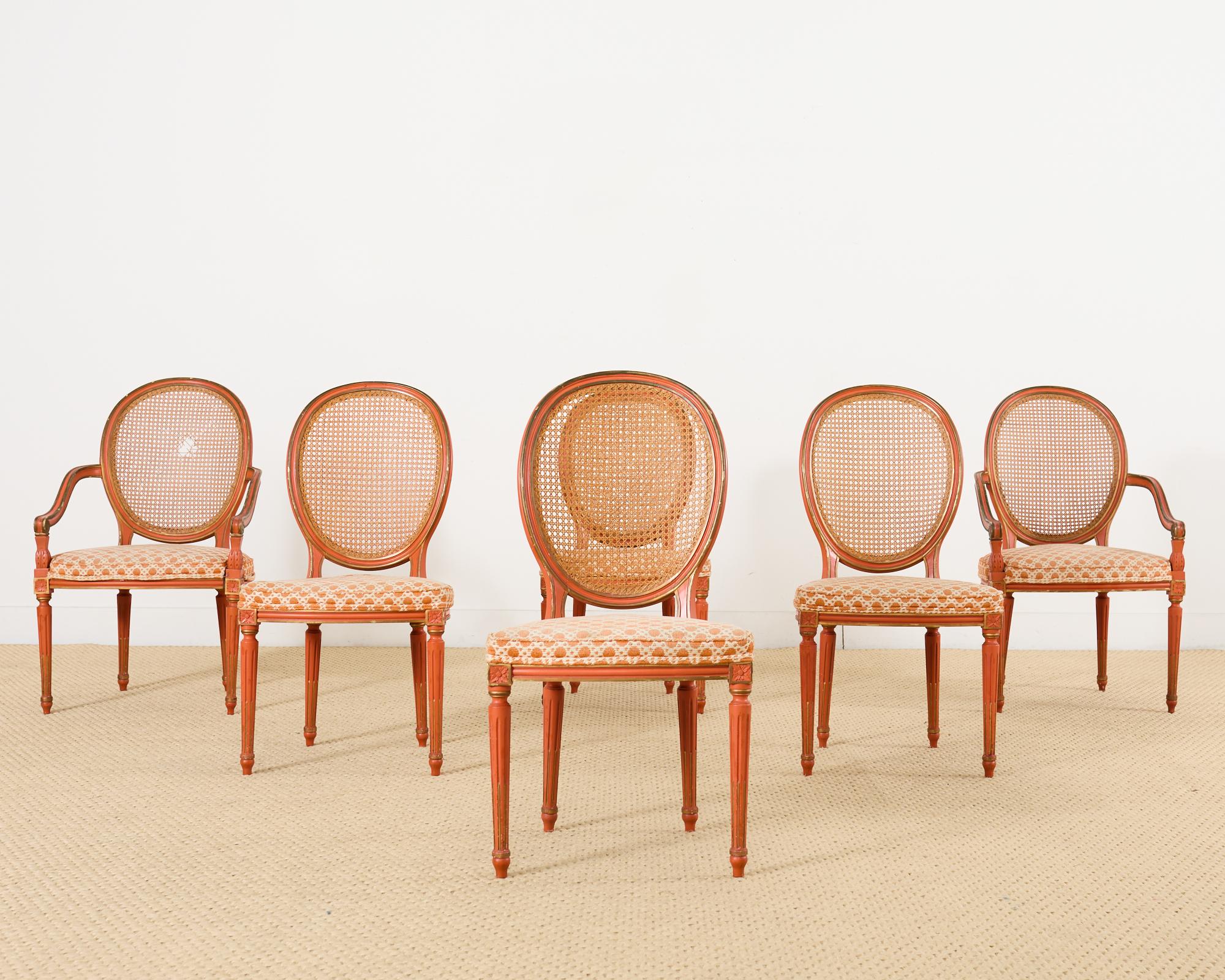 French Set of Six Louis XVI Style Painted Cane Dining Chairs