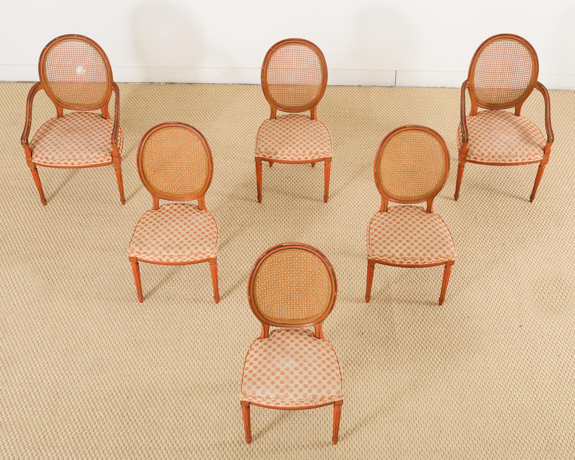 Set of Six Louis XVI Style Painted Cane Dining Chairs In Distressed Condition In Rio Vista, CA