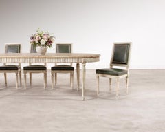 Set of Six Louis XVI Style Painted Dining Chairs Green Leather