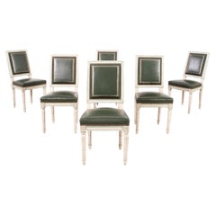 Set of Six Louis XVI Style Painted Dining Chairs Green Leather