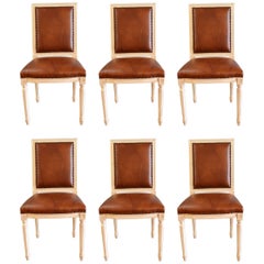 Set of Six Louis XVI Style Painted Dining Chairs Upholstered in Faux Leather