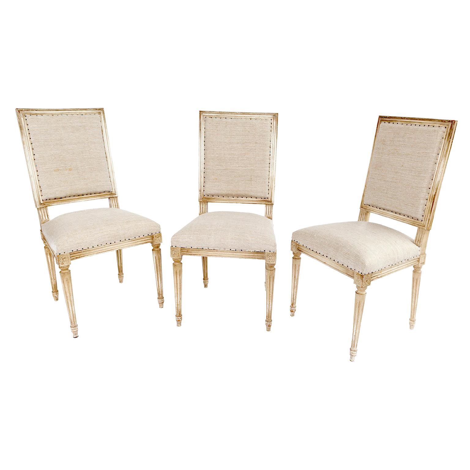 Set of Six Louis XVI Style Square Back Dining Chairs Star Medallions