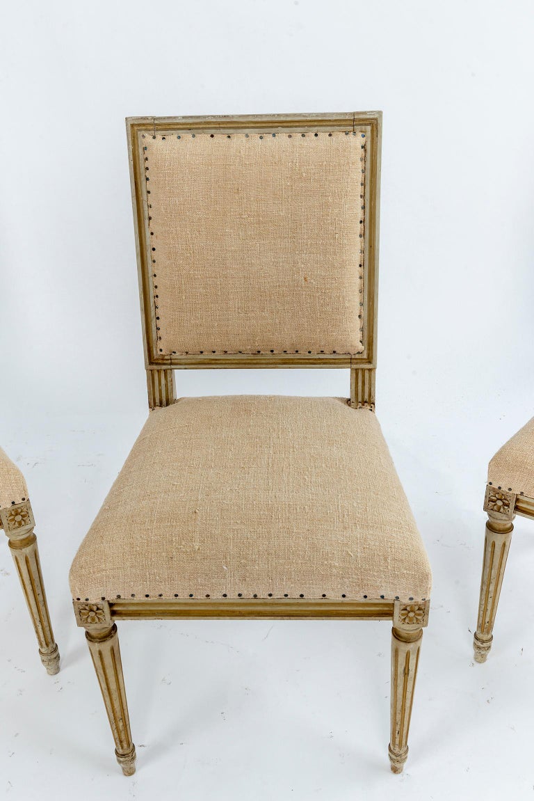 Set of Six Louis XVI Style Square Back Dining Chairs Star Rosettes at