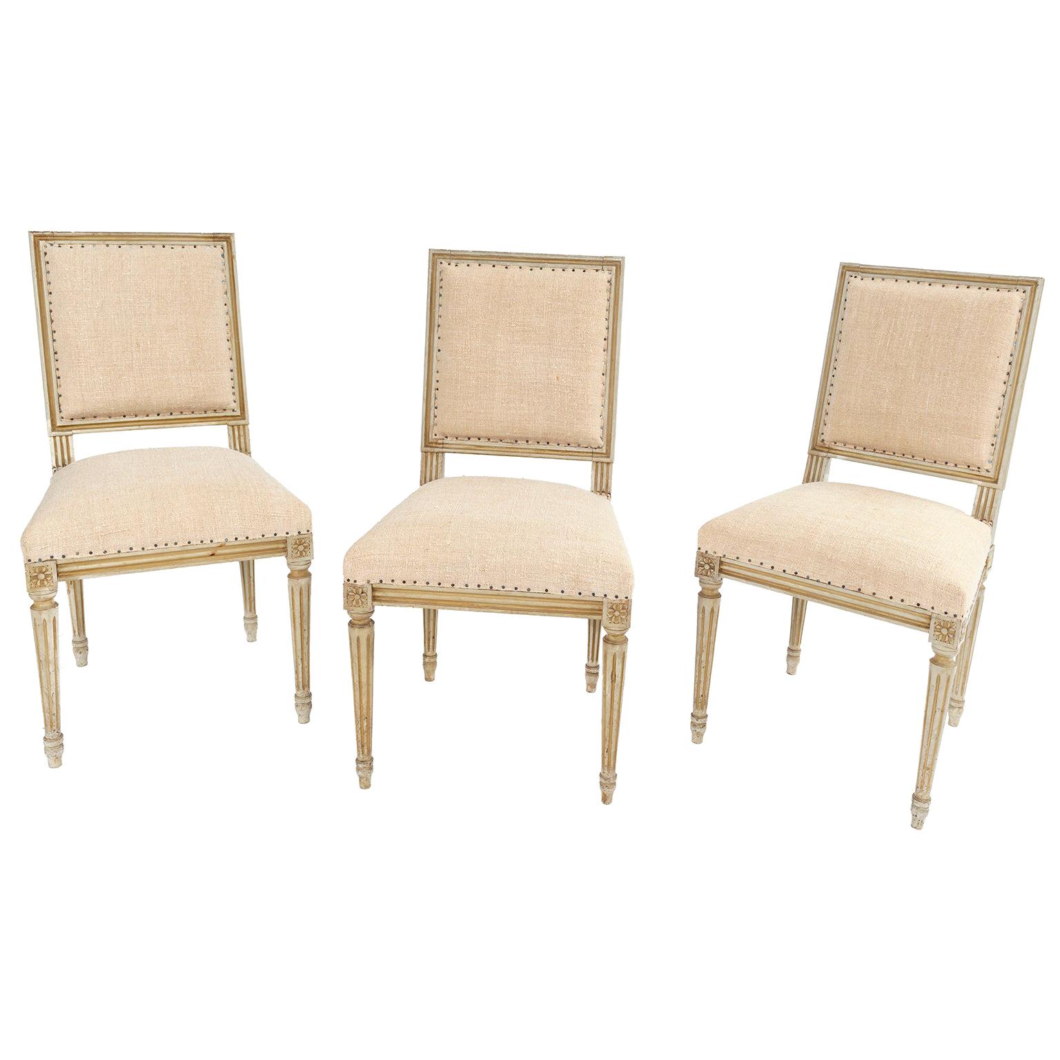 Set of Six Louis XVI Style Square Back Dining Chairs Star Rosettes