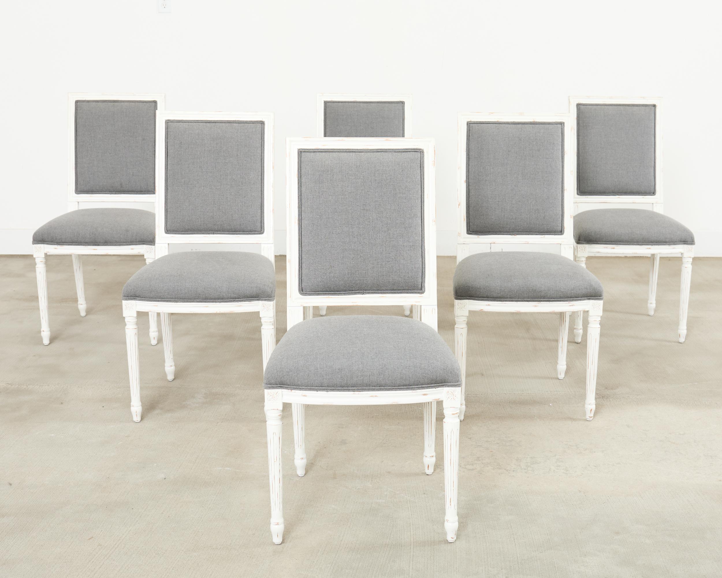 French Set of Six Louis XVI Style Square Back Painted Dining Chairs For Sale