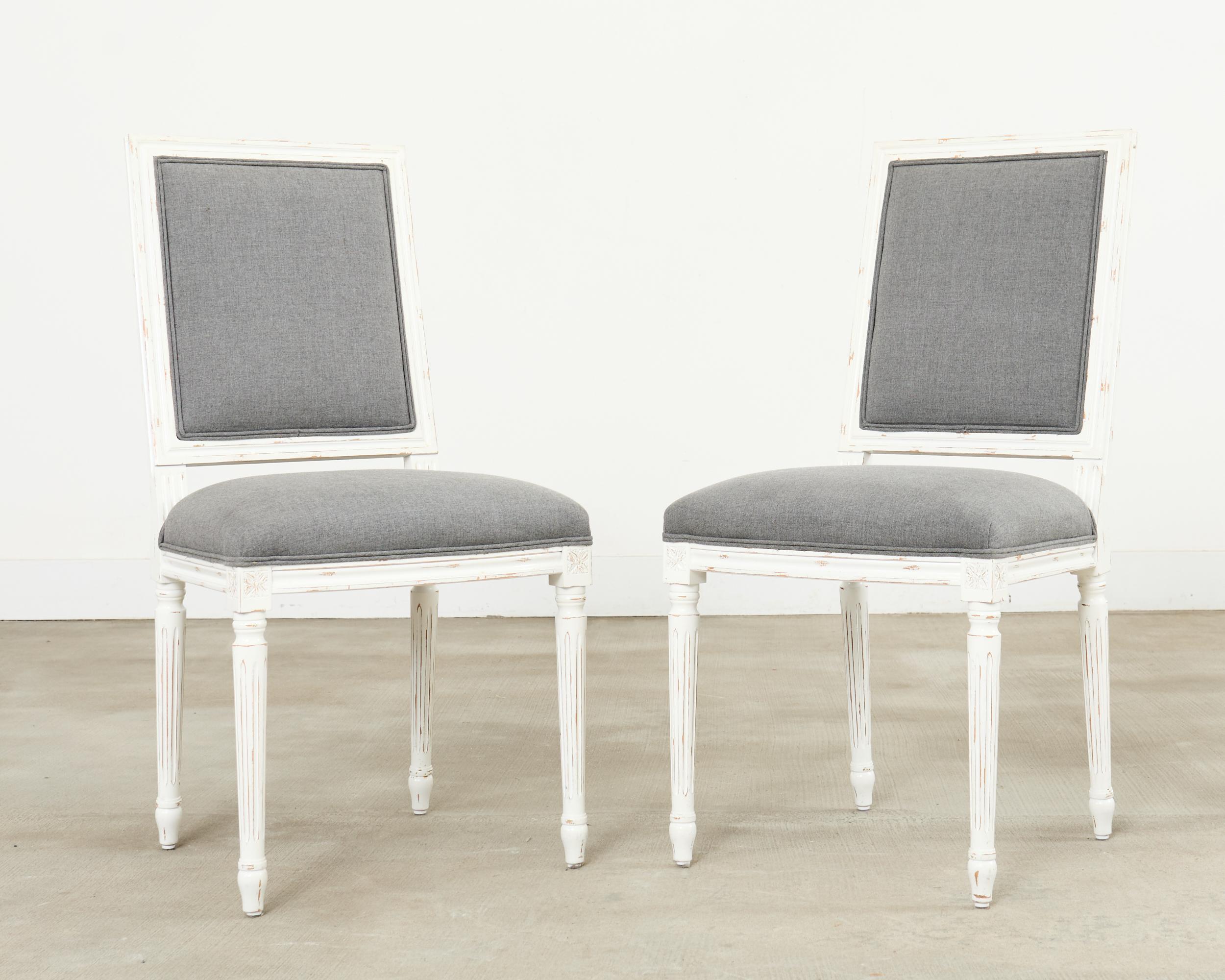 Fabric Set of Six Louis XVI Style Square Back Painted Dining Chairs For Sale