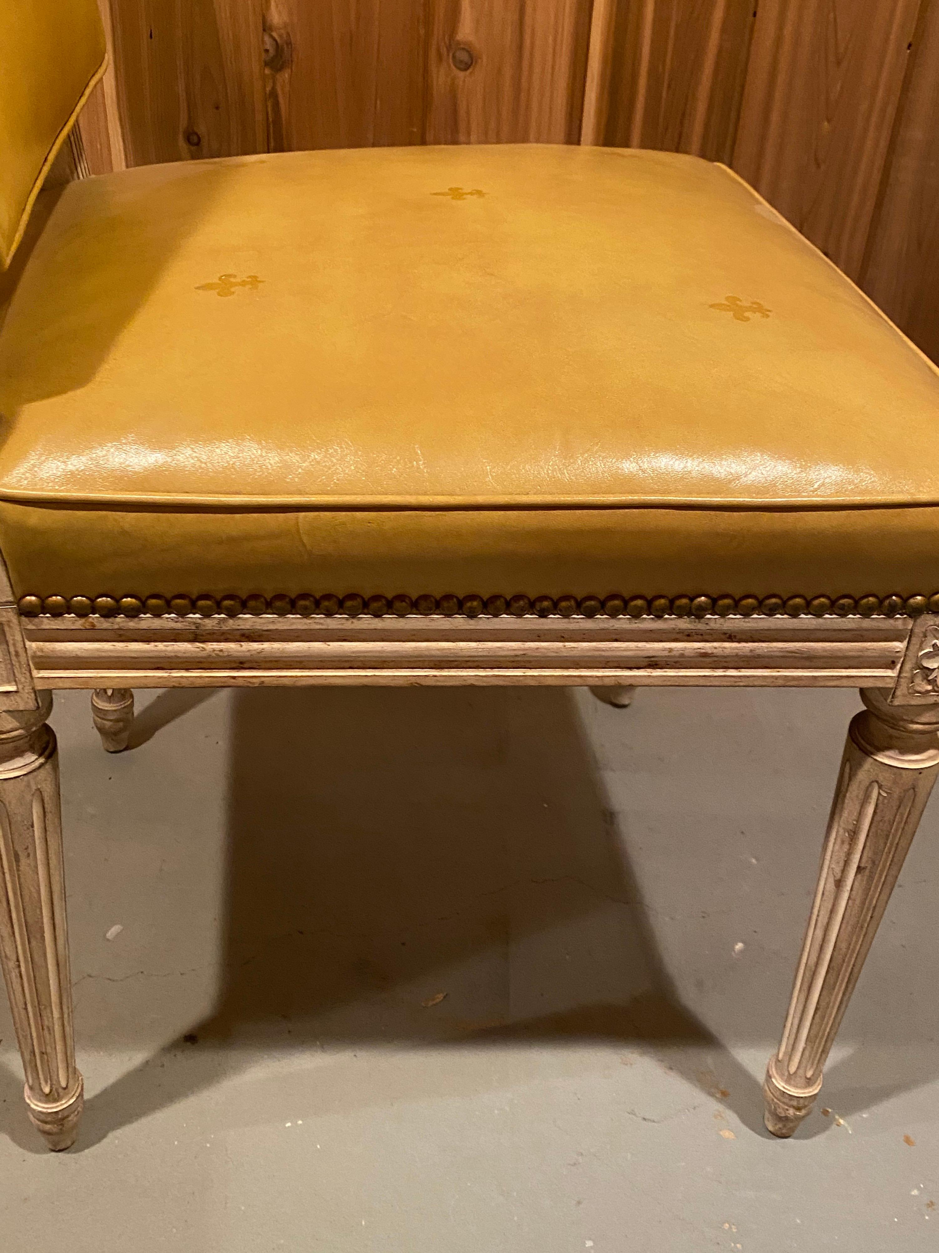 20th Century Set of Six Louis XVI Style Yellow Leather Upholstered Dining Chairs, 1920s For Sale