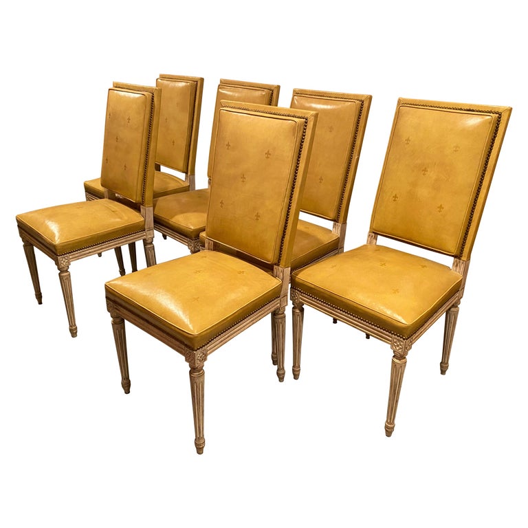 Set of Six Louis XVI Style Yellow Leather Upholstered Dining Chairs