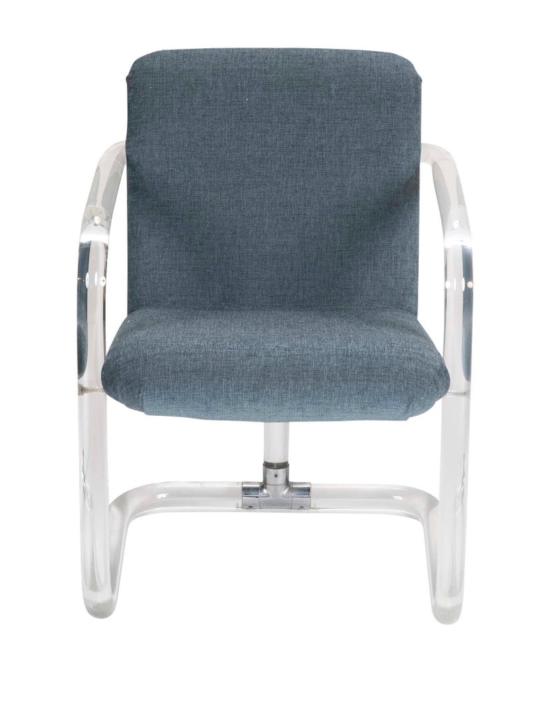Set of Six Lucite Upholstered Armchairs by Lion in Frost Set of Six Lucite Upholstered Armchairs by Lion in Frost