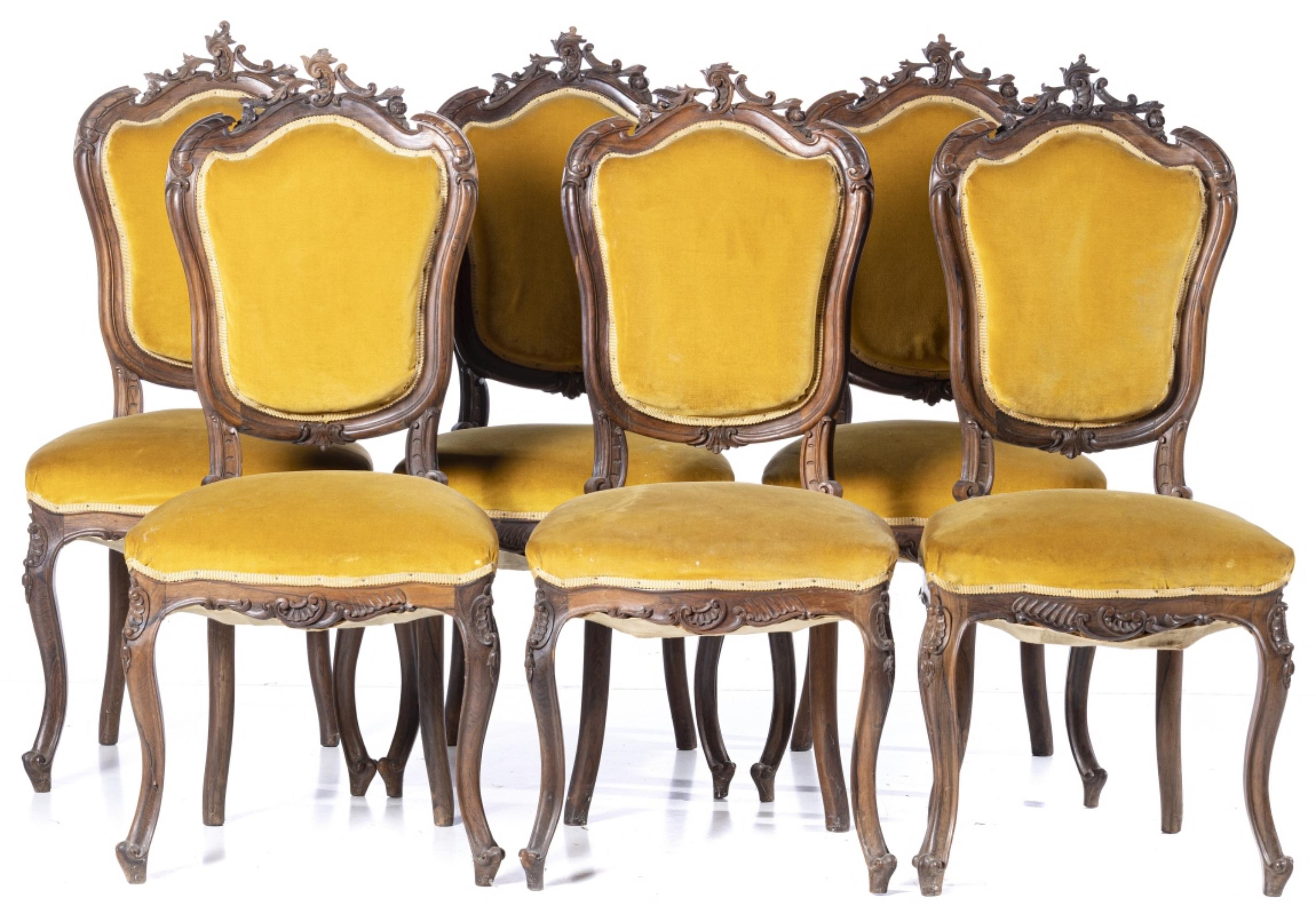 SET OF SIX LUIS XVI PORTUGUESE CHAIRS 19th Century

Portuguese, 19th century
in rosewood wood with carvings. 
Upholstered backs and seats. 
Small defects. 
Dim.: 98 x 47 x 42 cm
good conditions