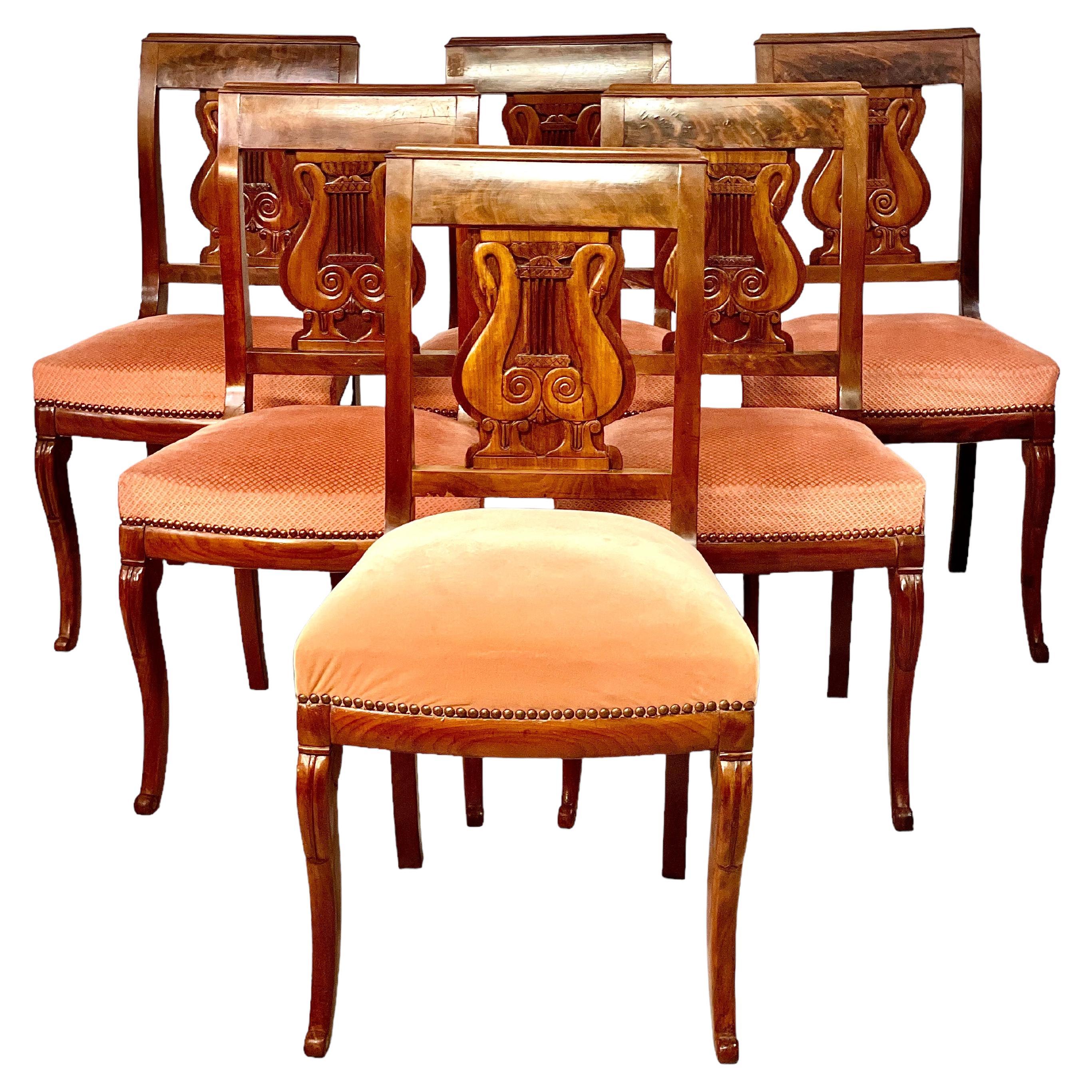  Set of Six Lyre Backed Dining Chairs, Circa 1815 For Sale