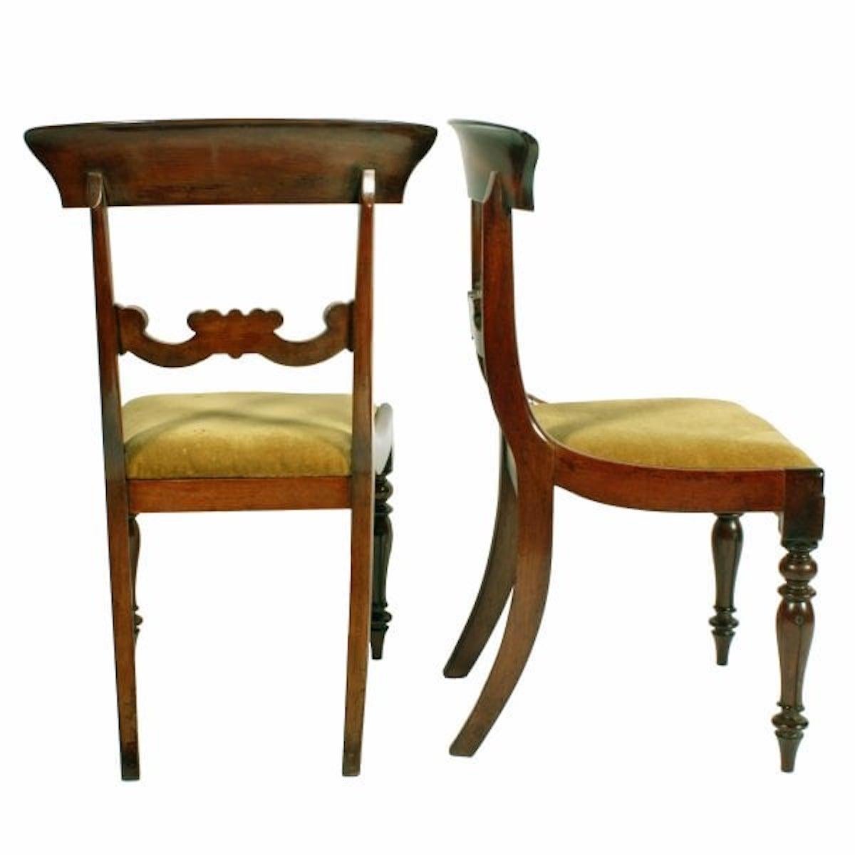 Set of Six Mahogany Chairs

A set of six mid 19th century Victorian mahogany dining chairs.

The chairs have a broad curved top rail to the back with a carved scroll centre rail.

The front legs are turned and lappet carved while the back legs