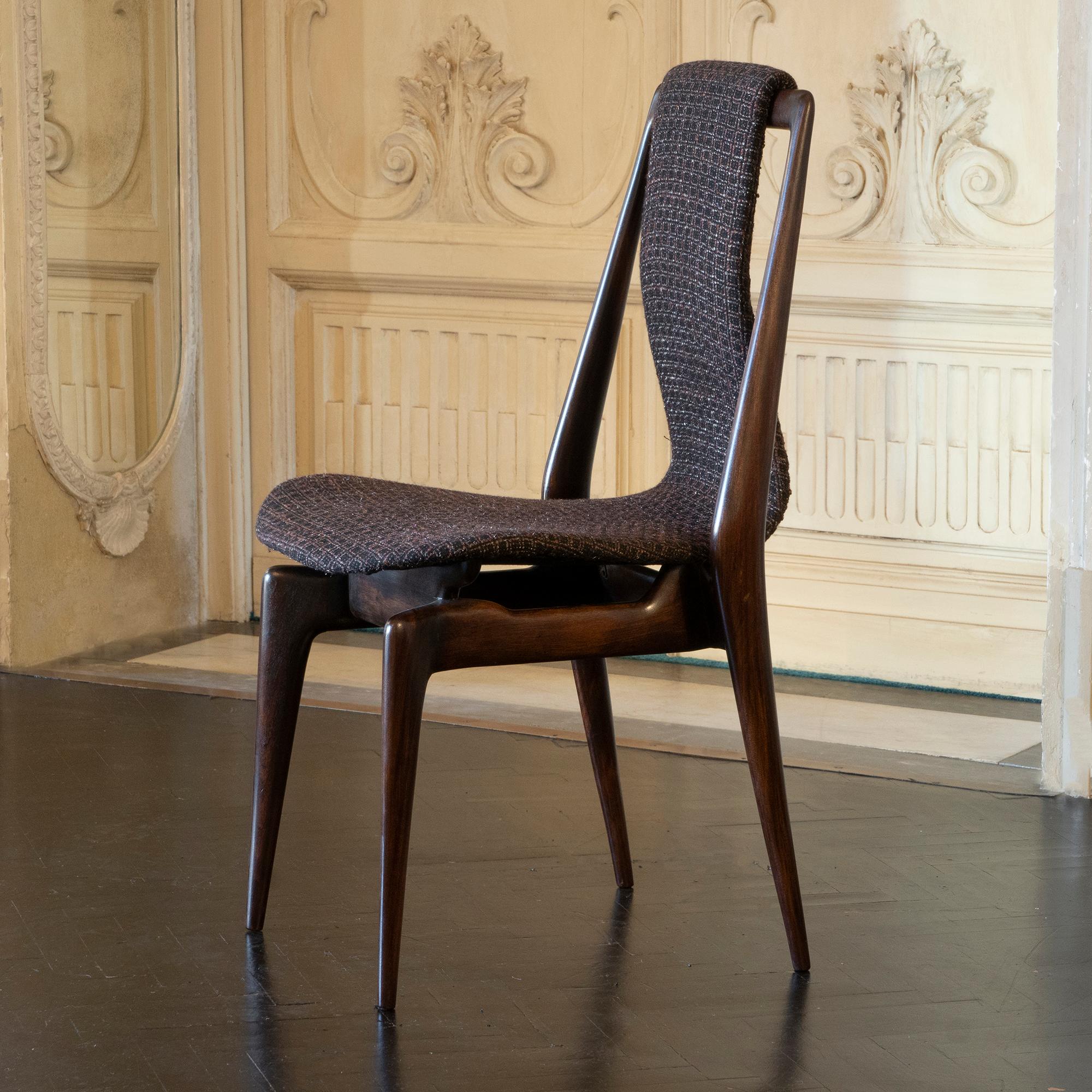 Set of Six Mahogany Dining Chairs, Black/Brown Jacquard Fabric, Italy, 1950s 6