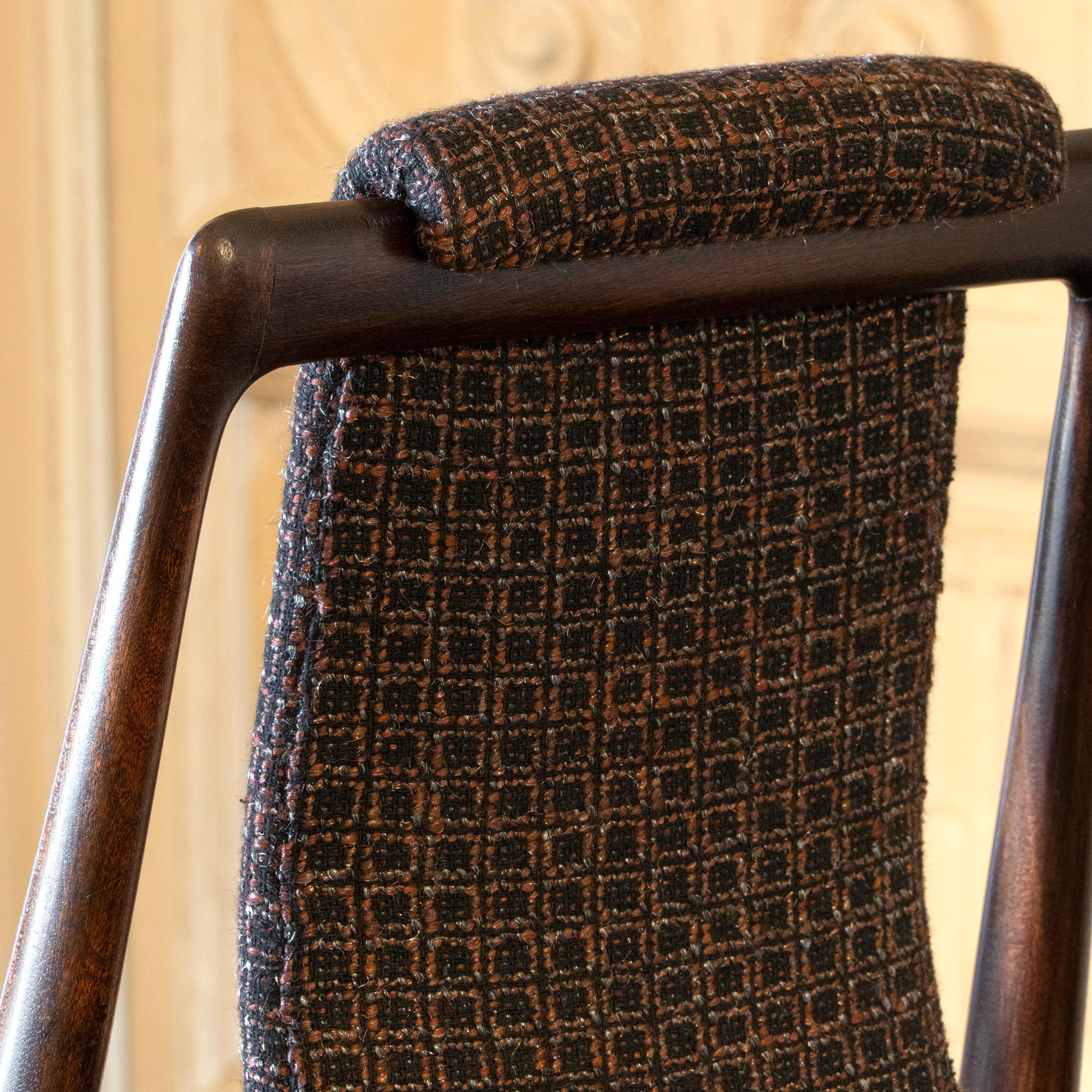 Set of Six Mahogany Dining Chairs, Black/Brown Jacquard Fabric, Italy, 1950s 8