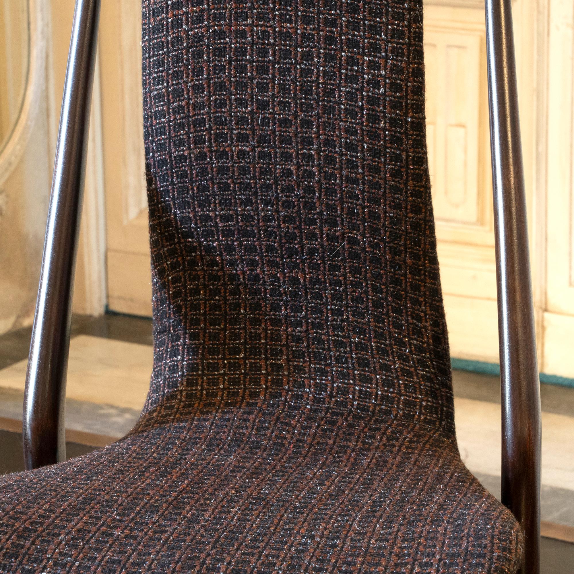 Set of Six Mahogany Dining Chairs, Black/Brown Jacquard Fabric, Italy, 1950s 11