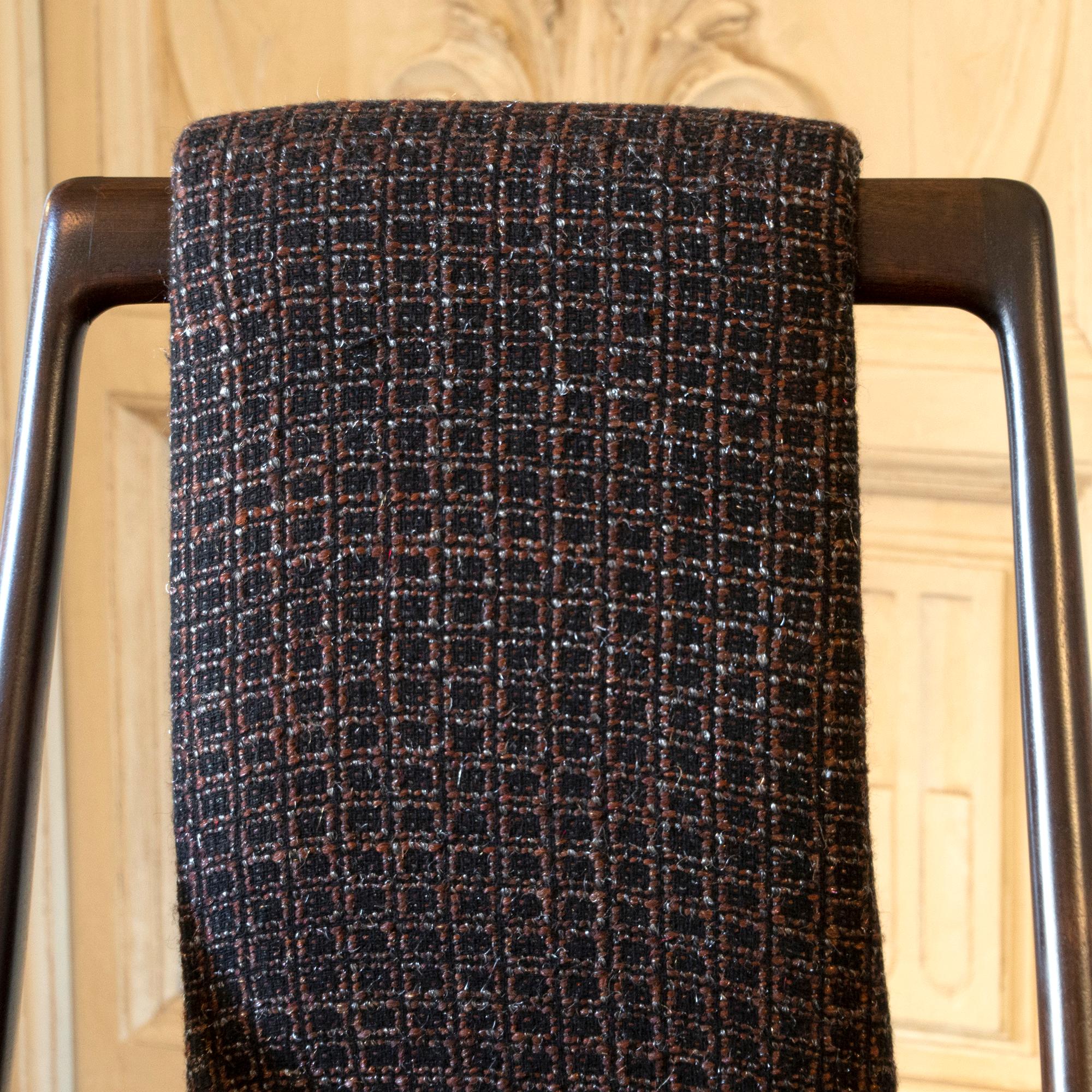 Set of Six Mahogany Dining Chairs, Black/Brown Jacquard Fabric, Italy, 1950s 13