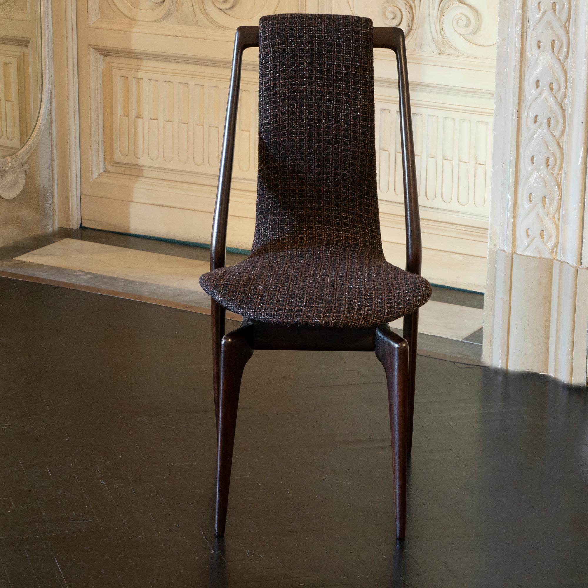 Italian Set of Six Mahogany Dining Chairs, Black/Brown Jacquard Fabric, Italy, 1950s