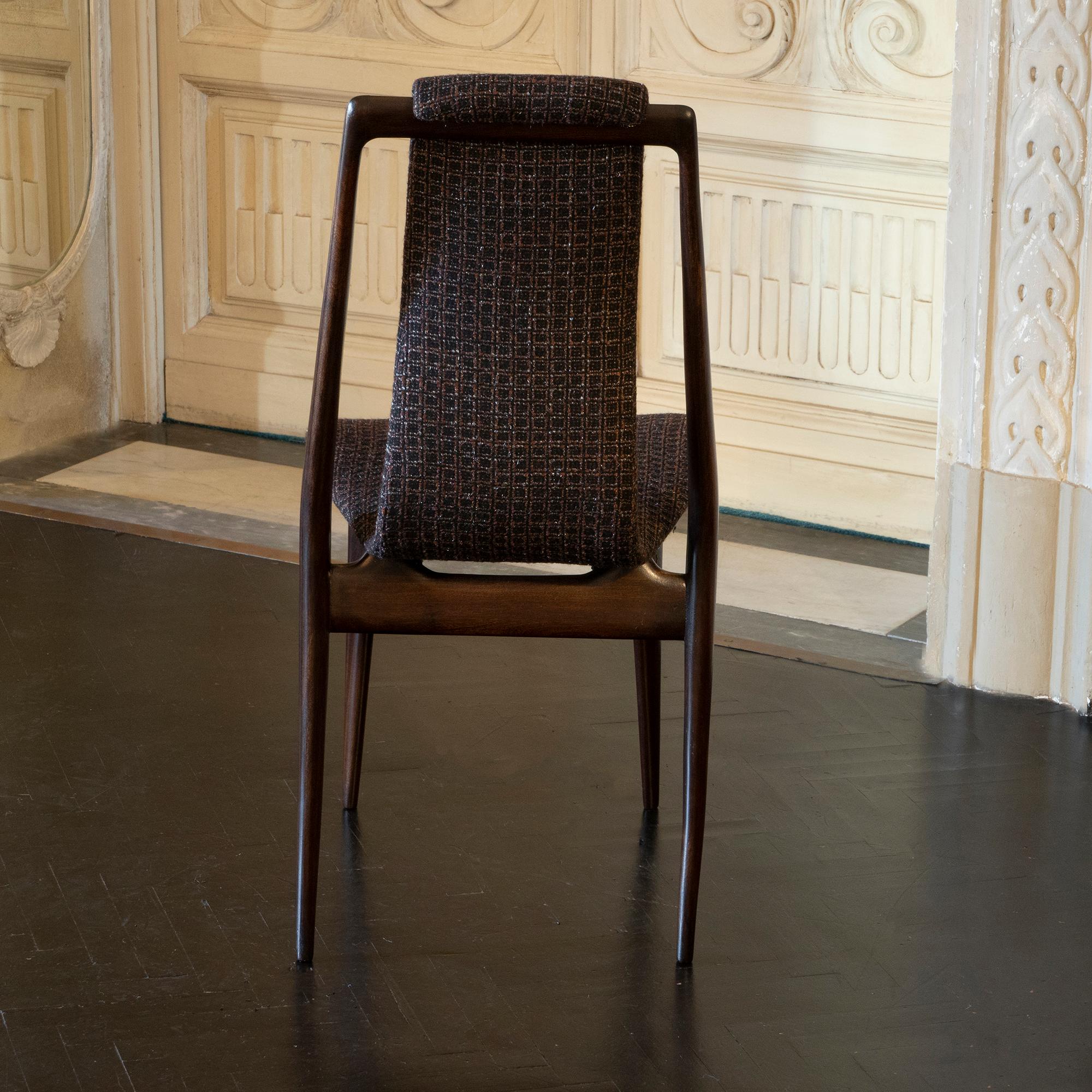 Mid-20th Century Set of Six Mahogany Dining Chairs, Black/Brown Jacquard Fabric, Italy, 1950s